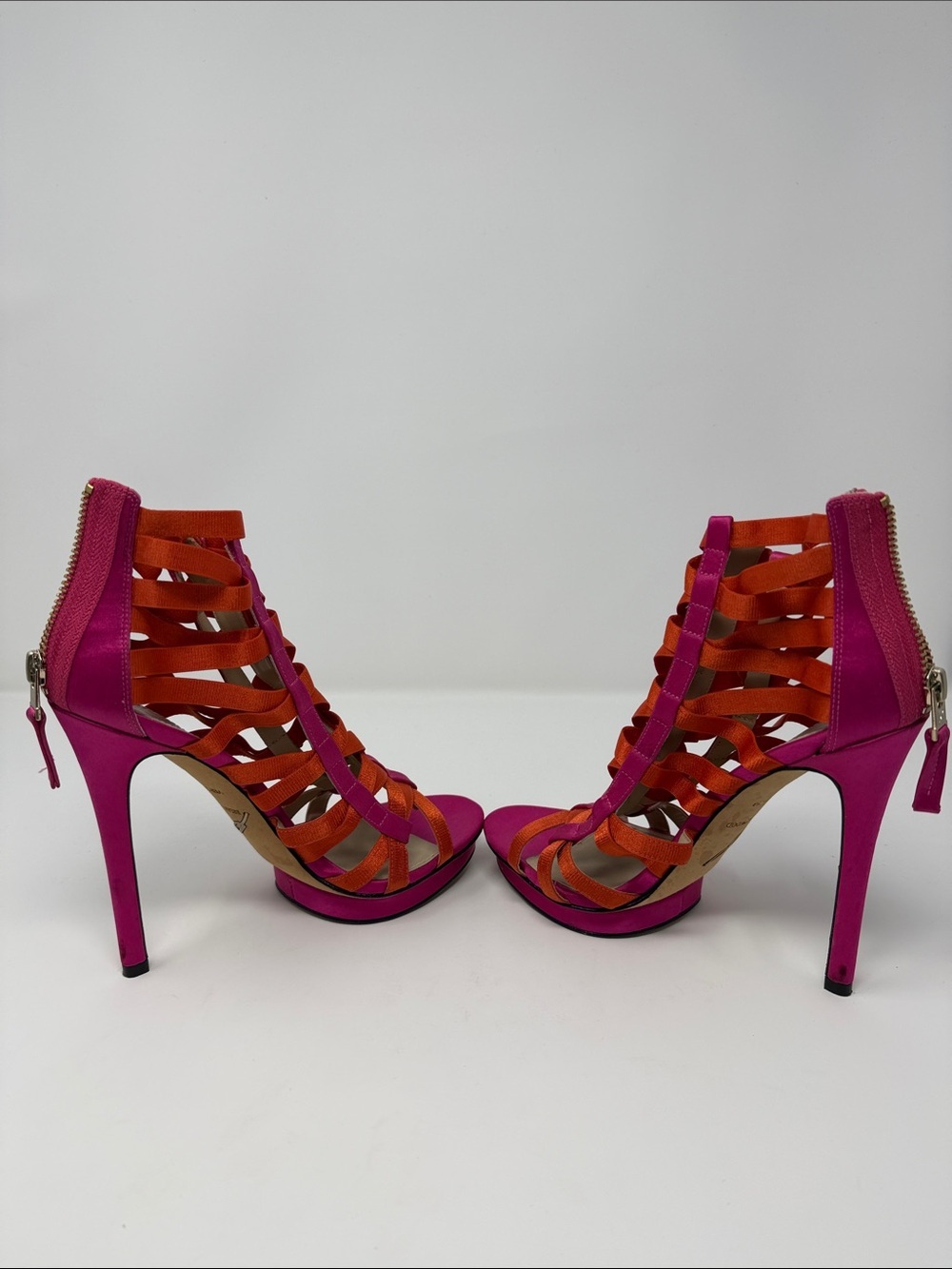 Brian Atwood Strappy Gladiator Sandals in Fuchsia and Orange - Picture 5 of 7